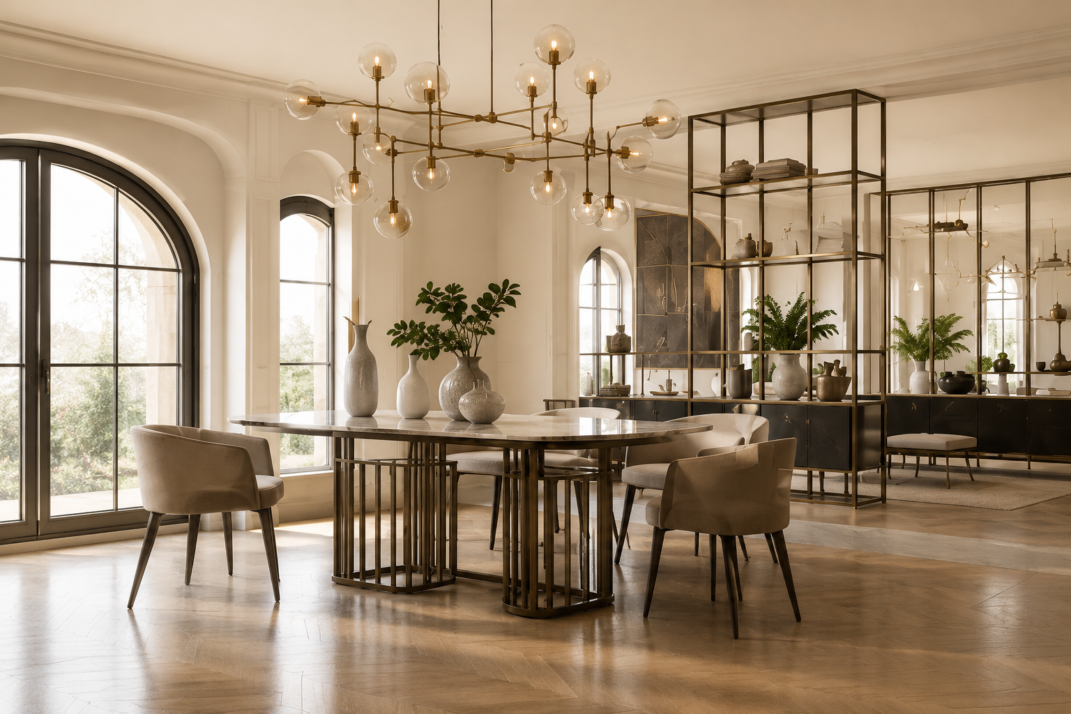 Bright luxury interior with metal detailing and chandelier